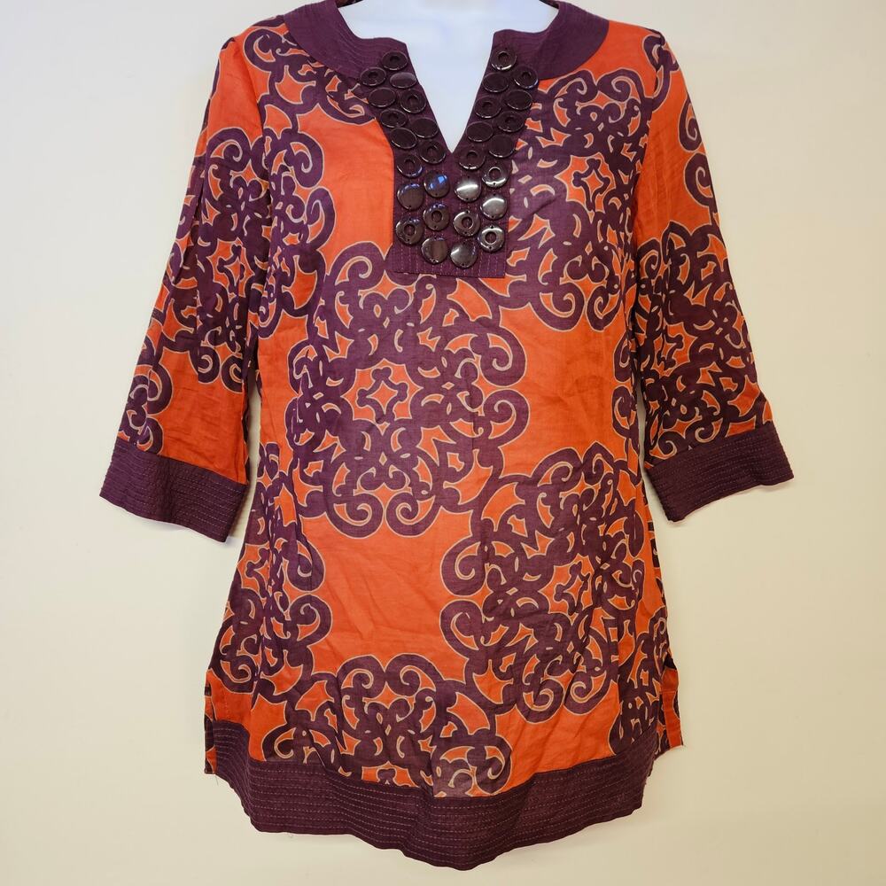 Merona Women's Blouse Tunic 3/4 Sleeve Size XS Orange Burgundy Mature‎